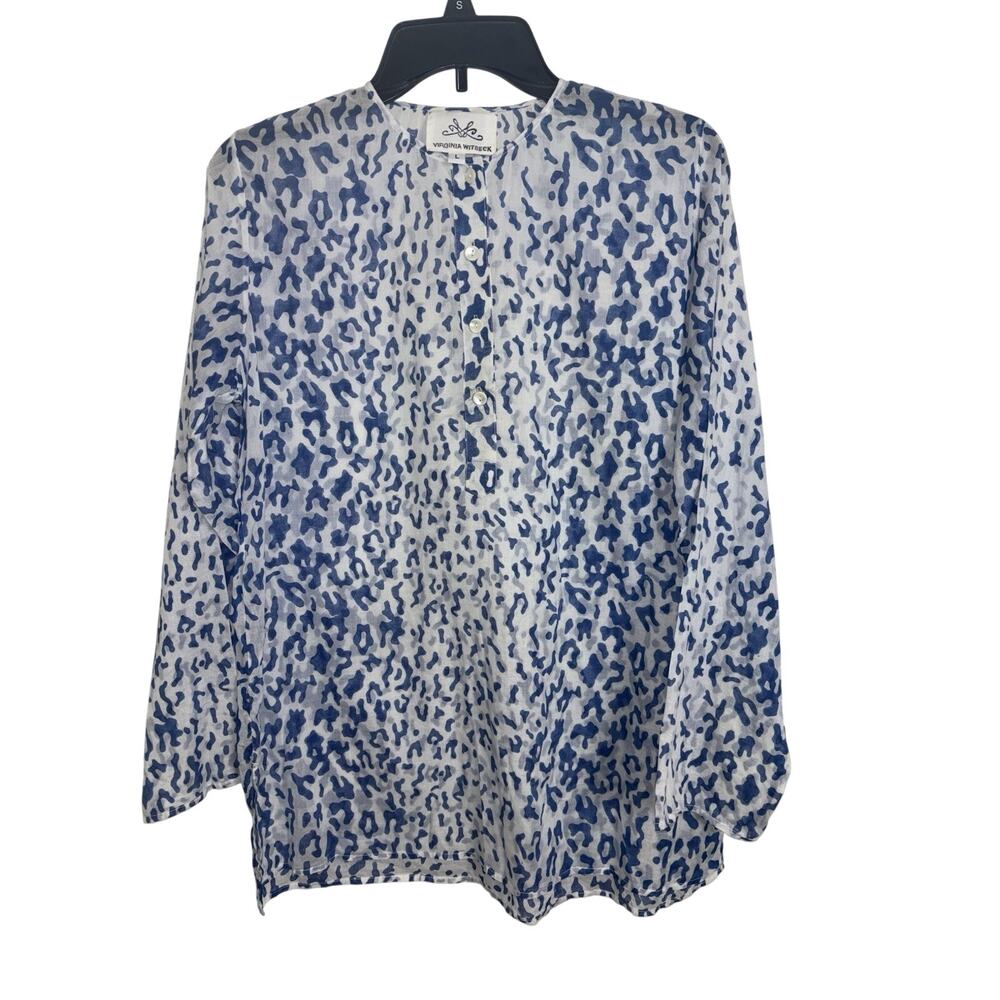 Virginia Witbeck Blue White Animal Print Lightweight Cotton Top Large Coastal